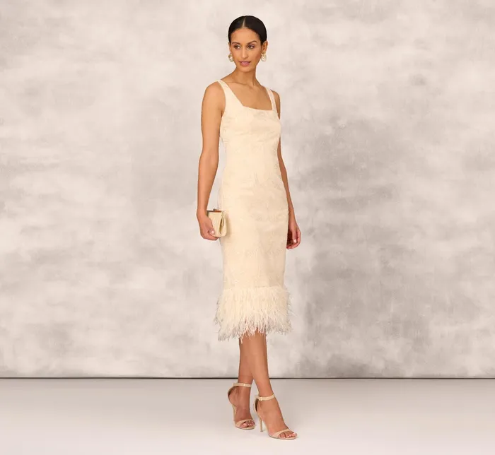 Adrianna Papell Sequined And Embroidered MidiLength Sheath Cocktail Dress With Feather Trim In Champagne Champagne Women Midi Dresses Adrianna Papell Sequined And Embroidered MidiLength Sheath Cocktail Dress With Feather Trim In Champagne Champagne Women Midi Dresses