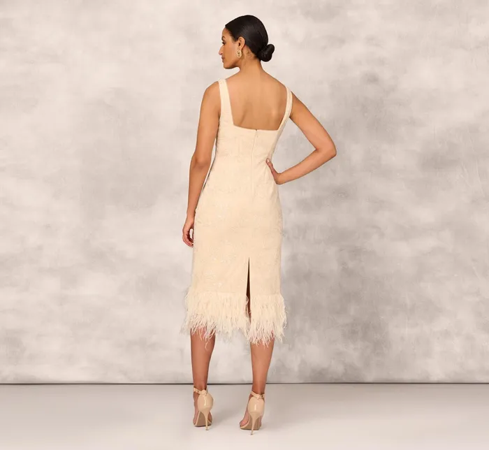 Adrianna Papell Sequined And Embroidered MidiLength Sheath Cocktail Dress With Feather Trim In Champagne Champagne Women Midi Dresses Adrianna Papell Sequined And Embroidered MidiLength Sheath Cocktail Dress With Feather Trim In Champagne Champagne Women Midi Dresses