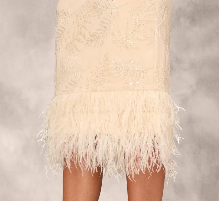Adrianna Papell Sequined And Embroidered MidiLength Sheath Cocktail Dress With Feather Trim In Champagne Champagne Women Midi Dresses Adrianna Papell Sequined And Embroidered MidiLength Sheath Cocktail Dress With Feather Trim In Champagne Champagne Women Midi Dresses