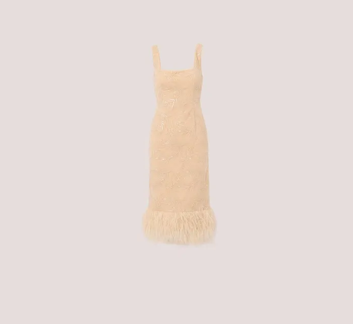 Adrianna Papell Sequined And Embroidered MidiLength Sheath Cocktail Dress With Feather Trim In Champagne Champagne Women Midi Dresses Adrianna Papell Sequined And Embroidered MidiLength Sheath Cocktail Dress With Feather Trim In Champagne Champagne Women Midi Dresses