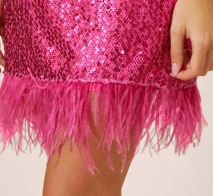 Adrianna Papell Sequined Trapeze Halter Dress With Feather Trim In Hot Pink Hot Pink Women Cocktail Dresses Adrianna Papell Sequined Trapeze Halter Dress With Feather Trim In Hot Pink Hot Pink Women Cocktail Dresses