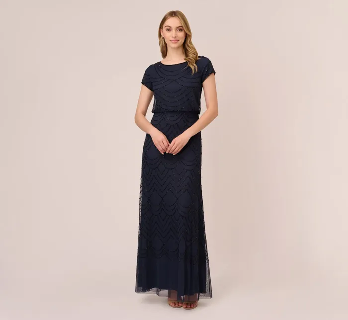 Adrianna Papell Short Sleeve Beaded Blouson Gown In Navy Black NavyBlack Women Formal Dresses Adrianna Papell Short Sleeve Beaded Blouson Gown In Navy Black NavyBlack Women Formal Dresses