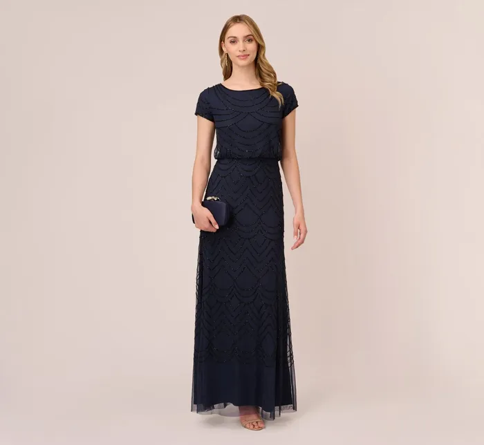 Adrianna Papell Short Sleeve Beaded Blouson Gown In Navy Black NavyBlack Women Formal Dresses Adrianna Papell Short Sleeve Beaded Blouson Gown In Navy Black NavyBlack Women Formal Dresses