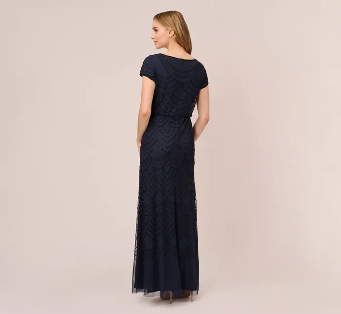 Adrianna Papell Short Sleeve Beaded Blouson Gown In Navy Black NavyBlack Women Formal Dresses Adrianna Papell Short Sleeve Beaded Blouson Gown In Navy Black NavyBlack Women Formal Dresses