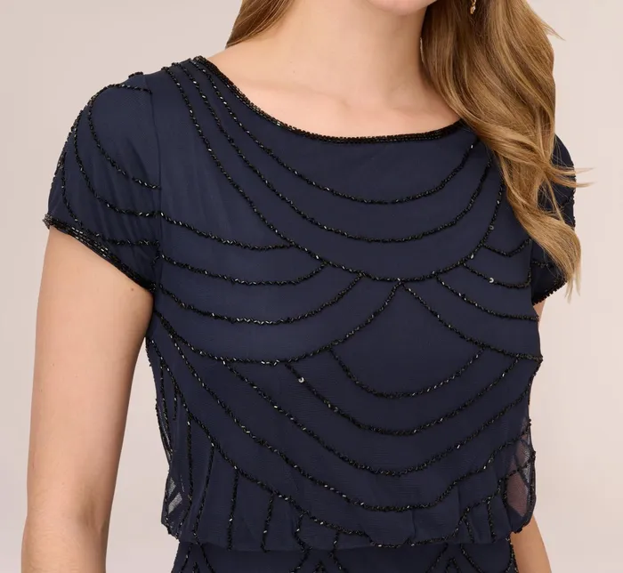 Adrianna Papell Short Sleeve Beaded Blouson Gown In Navy Black NavyBlack Women Formal Dresses Adrianna Papell Short Sleeve Beaded Blouson Gown In Navy Black NavyBlack Women Formal Dresses