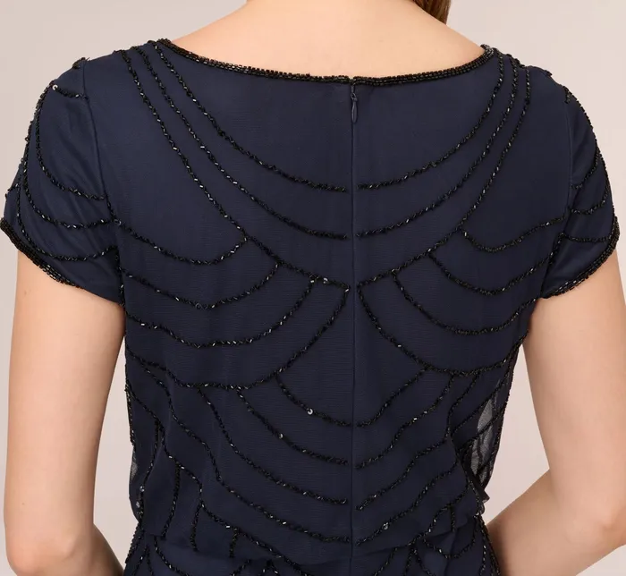 Adrianna Papell Short Sleeve Beaded Blouson Gown In Navy Black NavyBlack Women Formal Dresses Adrianna Papell Short Sleeve Beaded Blouson Gown In Navy Black NavyBlack Women Formal Dresses