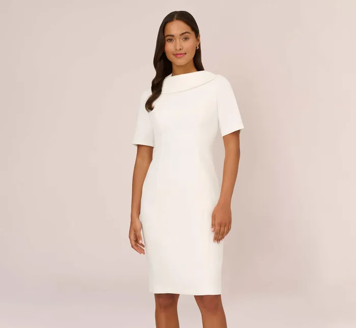 Adrianna Papell Short Sleeve Crepe Dress With Rolled Neck In Ivory Ivory Women Midi Dresses Adrianna Papell Short Sleeve Crepe Dress With Rolled Neck In Ivory Ivory Women Midi Dresses