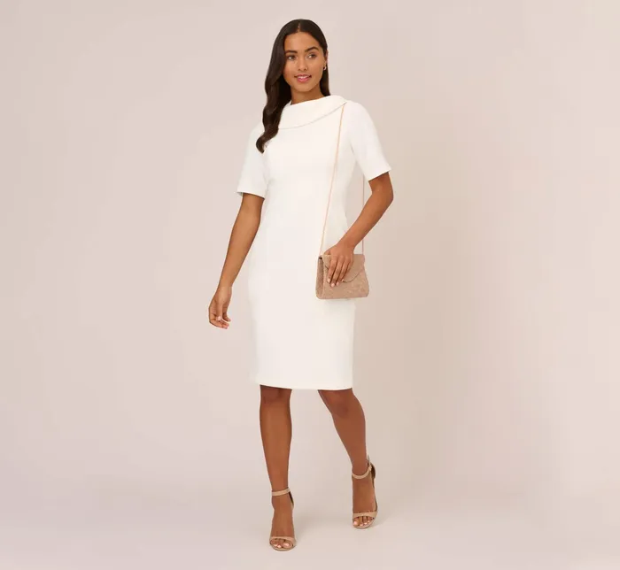Adrianna Papell Short Sleeve Crepe Dress With Rolled Neck In Ivory Ivory Women Midi Dresses Adrianna Papell Short Sleeve Crepe Dress With Rolled Neck In Ivory Ivory Women Midi Dresses