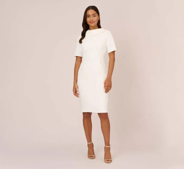 Adrianna Papell Short Sleeve Crepe Dress With Rolled Neck In Ivory Ivory Women Midi Dresses Adrianna Papell Short Sleeve Crepe Dress With Rolled Neck In Ivory Ivory Women Midi Dresses