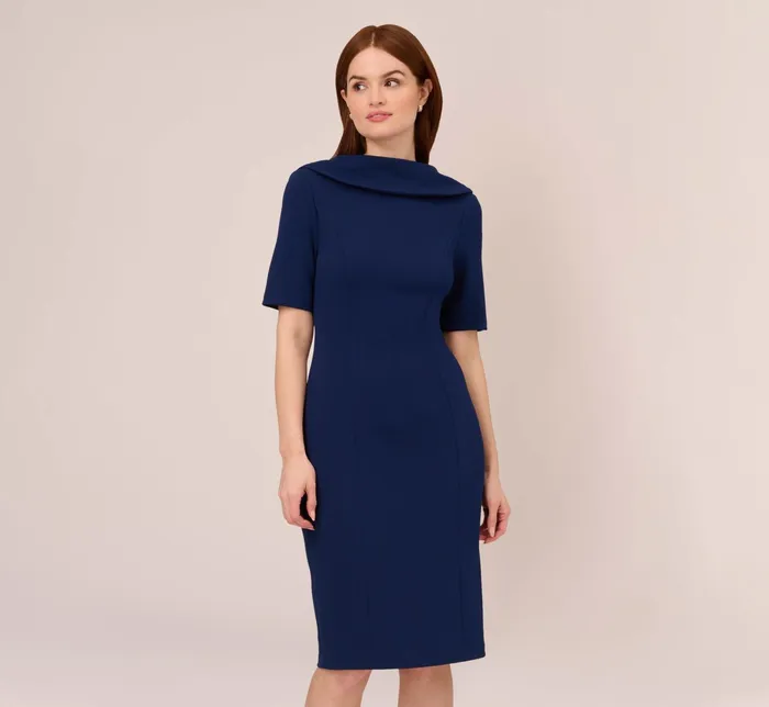 Adrianna Papell Short Sleeve Crepe Dress With Rolled Neck In Navy Sateen Navy Sateen Women Day Dresses Adrianna Papell Short Sleeve Crepe Dress With Rolled Neck In Navy Sateen Navy Sateen Women Day Dresses