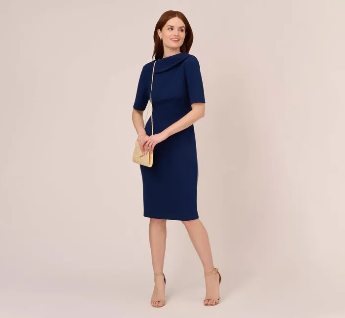 Adrianna Papell Short Sleeve Crepe Dress With Rolled Neck In Navy Sateen Navy Sateen Women Day Dresses Adrianna Papell Short Sleeve Crepe Dress With Rolled Neck In Navy Sateen Navy Sateen Women Day Dresses