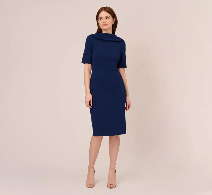 Adrianna Papell Short Sleeve Crepe Dress With Rolled Neck In Navy Sateen Navy Sateen Women Day Dresses Adrianna Papell Short Sleeve Crepe Dress With Rolled Neck In Navy Sateen Navy Sateen Women Day Dresses
