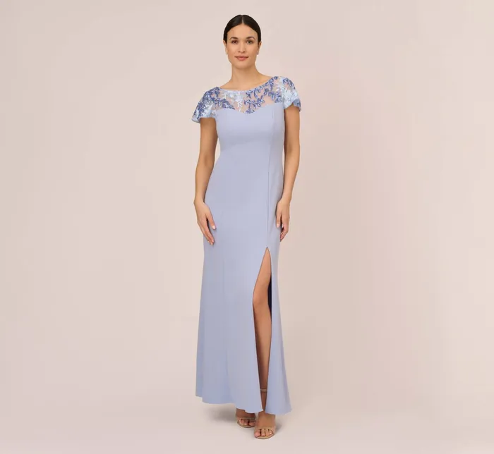 Adrianna Papell Short Sleeve Crepe Gown With Sheer Sequin Floral Neckline In Blue Breeze Blue Breeze Women Floral Dresses Adrianna Papell Short Sleeve Crepe Gown With Sheer Sequin Floral Neckline In Blue Breeze Blue Breeze Women Floral Dresses