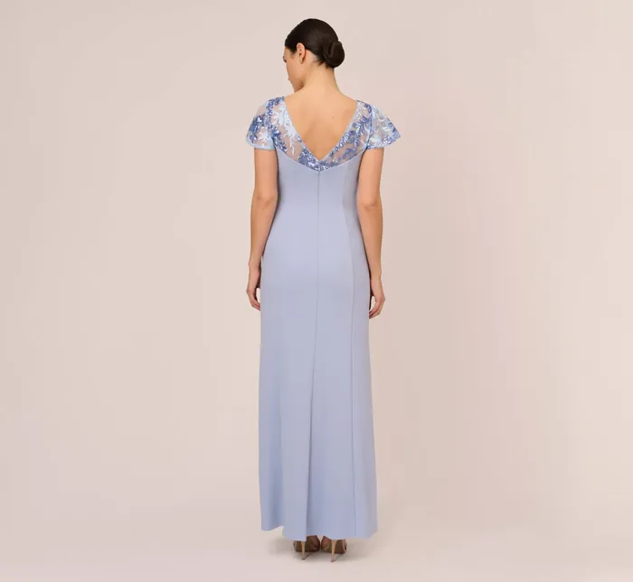 Adrianna Papell Short Sleeve Crepe Gown With Sheer Sequin Floral Neckline In Blue Breeze Blue Breeze Women Floral Dresses Adrianna Papell Short Sleeve Crepe Gown With Sheer Sequin Floral Neckline In Blue Breeze Blue Breeze Women Floral Dresses