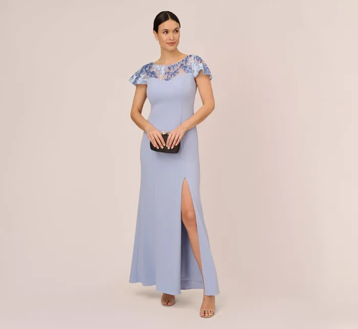 Adrianna Papell Short Sleeve Crepe Gown With Sheer Sequin Floral Neckline In Blue Breeze Blue Breeze Women Floral Dresses Adrianna Papell Short Sleeve Crepe Gown With Sheer Sequin Floral Neckline In Blue Breeze Blue Breeze Women Floral Dresses
