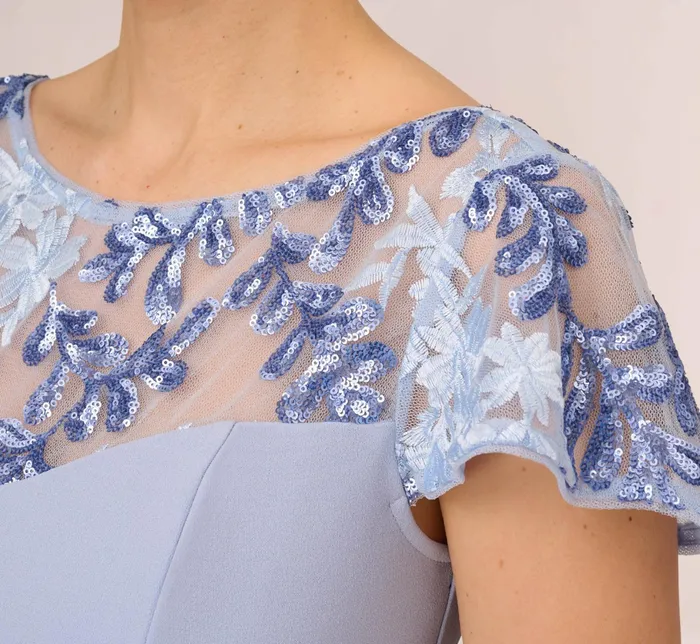 Adrianna Papell Short Sleeve Crepe Gown With Sheer Sequin Floral Neckline In Blue Breeze Blue Breeze Women Floral Dresses Adrianna Papell Short Sleeve Crepe Gown With Sheer Sequin Floral Neckline In Blue Breeze Blue Breeze Women Floral Dresses