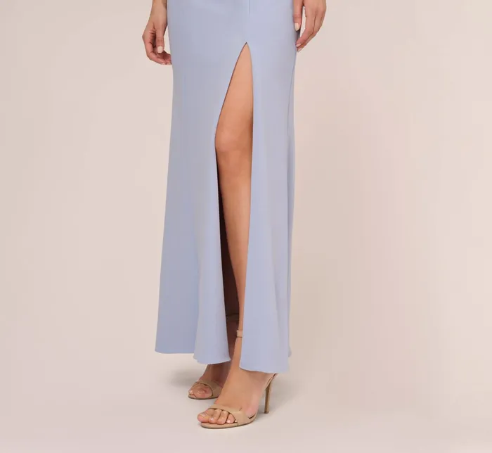 Adrianna Papell Short Sleeve Crepe Gown With Sheer Sequin Floral Neckline In Blue Breeze Blue Breeze Women Floral Dresses Adrianna Papell Short Sleeve Crepe Gown With Sheer Sequin Floral Neckline In Blue Breeze Blue Breeze Women Floral Dresses