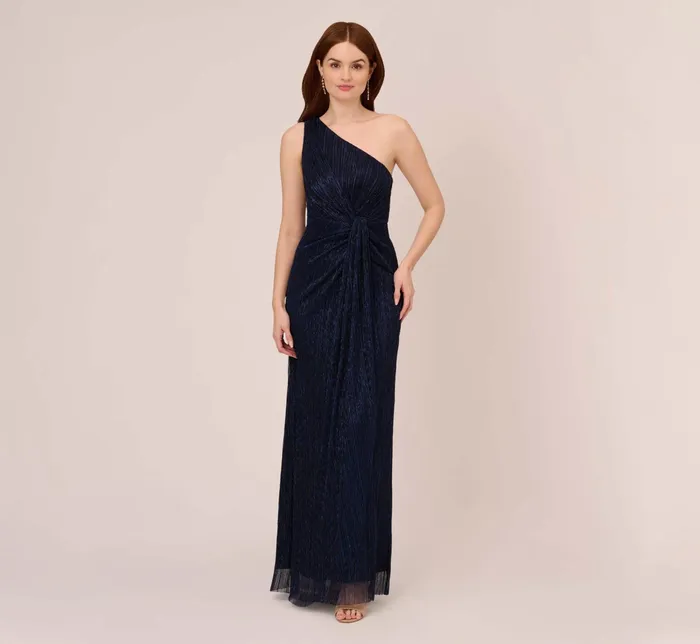 Adrianna Papell Stardust Pleated Draped One Shoulder Gown In Navy Night Navy Night Women Formal Dresses Adrianna Papell Stardust Pleated Draped One Shoulder Gown In Navy Night Navy Night Women Formal Dresses