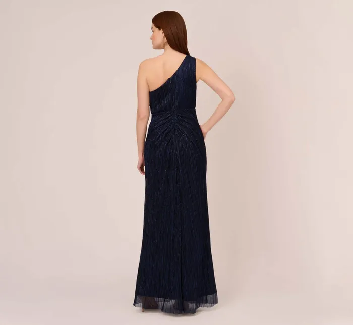 Adrianna Papell Stardust Pleated Draped One Shoulder Gown In Navy Night Navy Night Women Formal Dresses Adrianna Papell Stardust Pleated Draped One Shoulder Gown In Navy Night Navy Night Women Formal Dresses