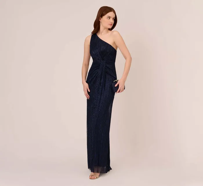 Adrianna Papell Stardust Pleated Draped One Shoulder Gown In Navy Night Navy Night Women Formal Dresses Adrianna Papell Stardust Pleated Draped One Shoulder Gown In Navy Night Navy Night Women Formal Dresses