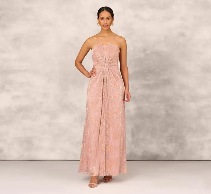 Adrianna Papell Strapless Printed Metallic Mesh Long Column Dress With Twist Front In Rose Gold Rose Gold Women Long Dresses Adrianna Papell Strapless Printed Metallic Mesh Long Column Dress With Twist Front In Rose Gold Rose Gold Women Long Dresses