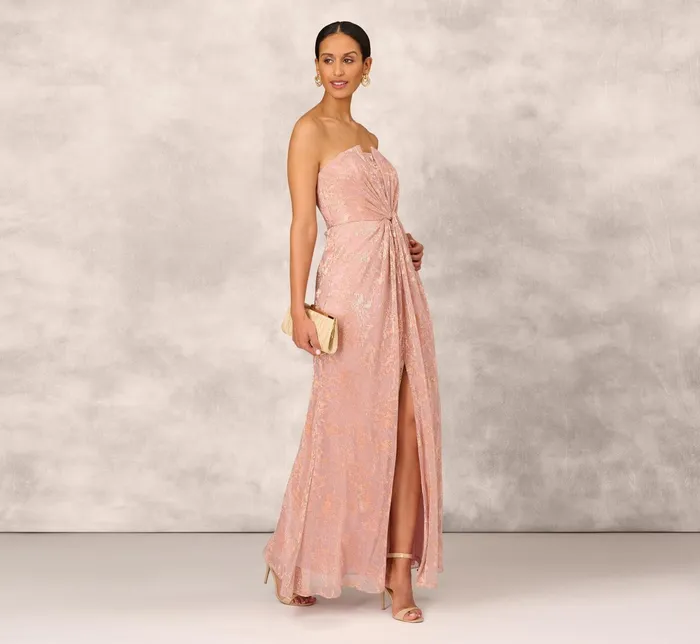 Adrianna Papell Strapless Printed Metallic Mesh Long Column Dress With Twist Front In Rose Gold Rose Gold Women Long Dresses Adrianna Papell Strapless Printed Metallic Mesh Long Column Dress With Twist Front In Rose Gold Rose Gold Women Long Dresses