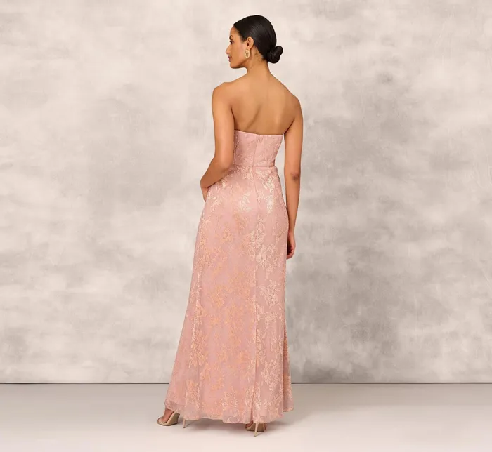 Adrianna Papell Strapless Printed Metallic Mesh Long Column Dress With Twist Front In Rose Gold Rose Gold Women Long Dresses Adrianna Papell Strapless Printed Metallic Mesh Long Column Dress With Twist Front In Rose Gold Rose Gold Women Long Dresses
