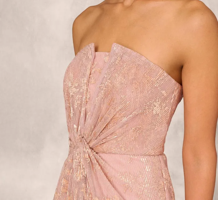Adrianna Papell Strapless Printed Metallic Mesh Long Column Dress With Twist Front In Rose Gold Rose Gold Women Long Dresses Adrianna Papell Strapless Printed Metallic Mesh Long Column Dress With Twist Front In Rose Gold Rose Gold Women Long Dresses