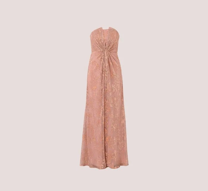 Adrianna Papell Strapless Printed Metallic Mesh Long Column Dress With Twist Front In Rose Gold Rose Gold Women Long Dresses Adrianna Papell Strapless Printed Metallic Mesh Long Column Dress With Twist Front In Rose Gold Rose Gold Women Long Dresses