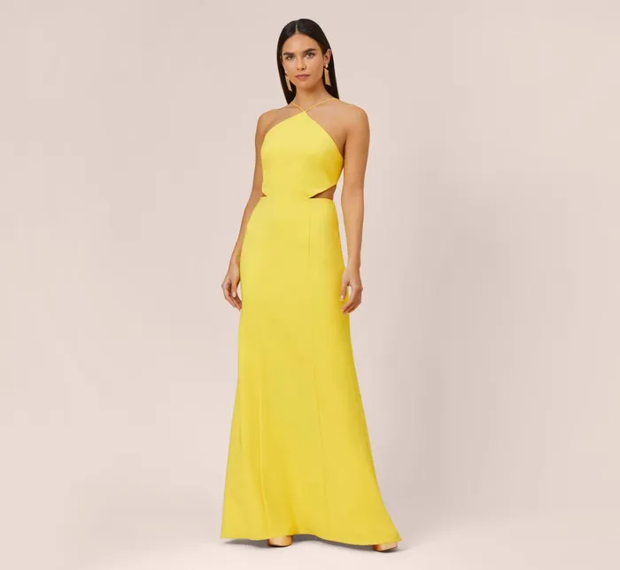Adrianna Papell Stretch Crepe Long Halter Mermaid Dress With Cutouts In Lemon Lemon Women Long Dresses Adrianna Papell Stretch Crepe Long Halter Mermaid Dress With Cutouts In Lemon Lemon Women Long Dresses