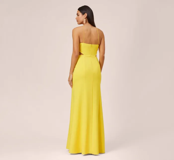 Adrianna Papell Stretch Crepe Long Halter Mermaid Dress With Cutouts In Lemon Lemon Women Long Dresses Adrianna Papell Stretch Crepe Long Halter Mermaid Dress With Cutouts In Lemon Lemon Women Long Dresses
