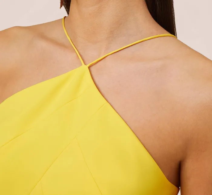 Adrianna Papell Stretch Crepe Long Halter Mermaid Dress With Cutouts In Lemon Lemon Women Long Dresses Adrianna Papell Stretch Crepe Long Halter Mermaid Dress With Cutouts In Lemon Lemon Women Long Dresses