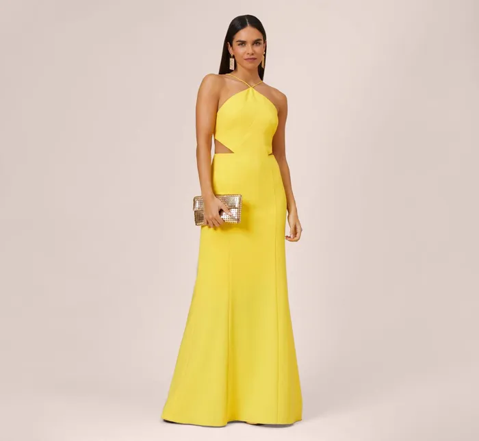 Adrianna Papell Stretch Crepe Long Halter Mermaid Dress With Cutouts In Lemon Lemon Women Long Dresses Adrianna Papell Stretch Crepe Long Halter Mermaid Dress With Cutouts In Lemon Lemon Women Long Dresses