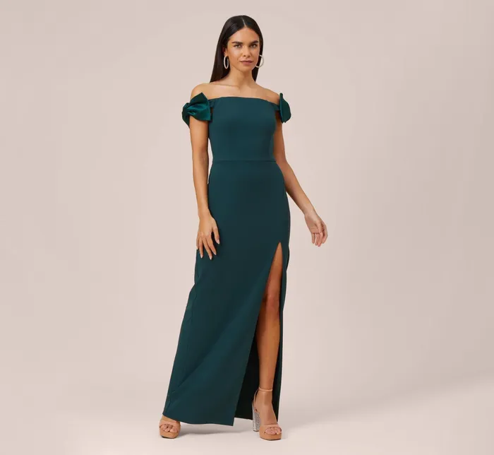 Adrianna Papell Stretch Crepe OffTheShoulder Long Column Gown With Bows In Pink Flame Pink Flame Women Day Dresses Adrianna Papell Stretch Crepe OffTheShoulder Long Column Gown With Bows In Pink Flame Pink Flame Women Day Dresses