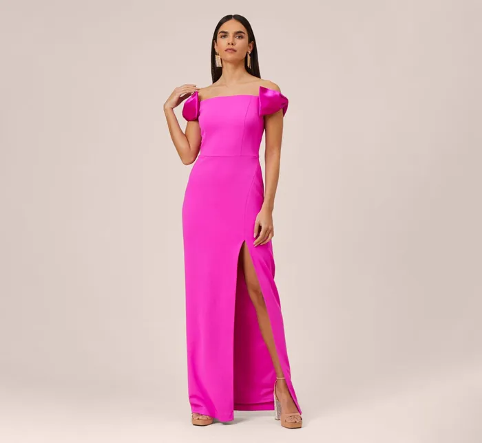 Adrianna Papell Stretch Crepe OffTheShoulder Long Column Gown With Bows In Pink Flame Pink Flame Women Day Dresses Adrianna Papell Stretch Crepe OffTheShoulder Long Column Gown With Bows In Pink Flame Pink Flame Women Day Dresses