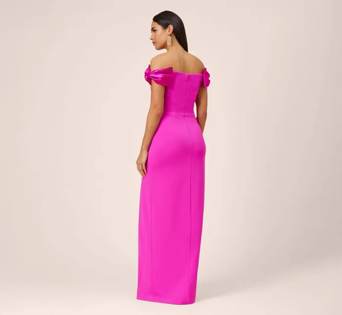 Adrianna Papell Stretch Crepe OffTheShoulder Long Column Gown With Bows In Pink Flame Pink Flame Women Day Dresses Adrianna Papell Stretch Crepe OffTheShoulder Long Column Gown With Bows In Pink Flame Pink Flame Women Day Dresses