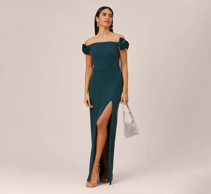 Adrianna Papell Stretch Crepe OffTheShoulder Long Column Gown With Bows In Pink Flame Pink Flame Women Day Dresses Adrianna Papell Stretch Crepe OffTheShoulder Long Column Gown With Bows In Pink Flame Pink Flame Women Day Dresses