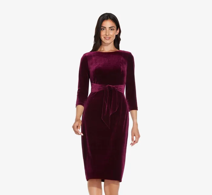 Adrianna Papell Tie Front Velvet Sheath Dress In Burgundy Burgundy Women Day Dresses Adrianna Papell Tie Front Velvet Sheath Dress In Burgundy Burgundy Women Day Dresses
