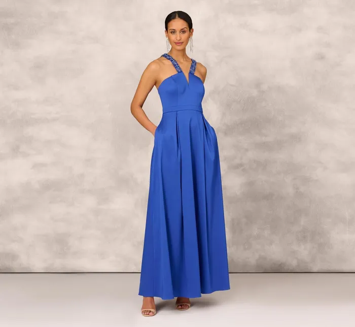 Adrianna Papell VNeck Mikado Gown With Jewel Beaded Straps In Royal Sapphire Royal Sapphire Women Long Dresses Adrianna Papell VNeck Mikado Gown With Jewel Beaded Straps In Royal Sapphire Royal Sapphire Women Long Dresses