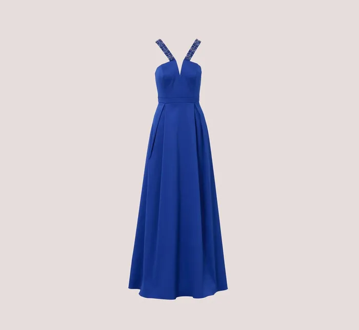 Adrianna Papell VNeck Mikado Gown With Jewel Beaded Straps In Royal Sapphire Royal Sapphire Women Long Dresses Adrianna Papell VNeck Mikado Gown With Jewel Beaded Straps In Royal Sapphire Royal Sapphire Women Long Dresses