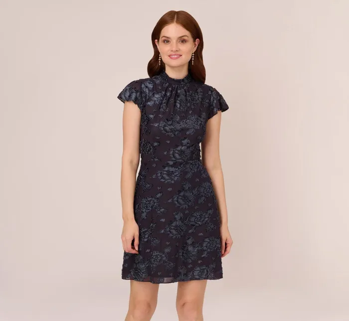 Adrianna Papell Velvet Burnout Floral Short Sleeve Dress With Mock Neck In Midnight Midnight Women Floral Dresses Adrianna Papell Velvet Burnout Floral Short Sleeve Dress With Mock Neck In Midnight Midnight Women Floral Dresses