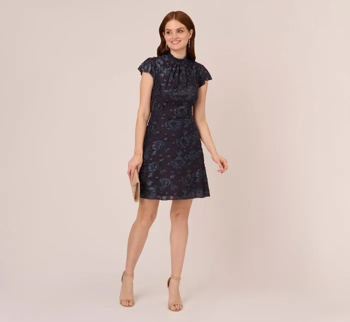 Adrianna Papell Velvet Burnout Floral Short Sleeve Dress With Mock Neck In Midnight Midnight Women Floral Dresses Adrianna Papell Velvet Burnout Floral Short Sleeve Dress With Mock Neck In Midnight Midnight Women Floral Dresses