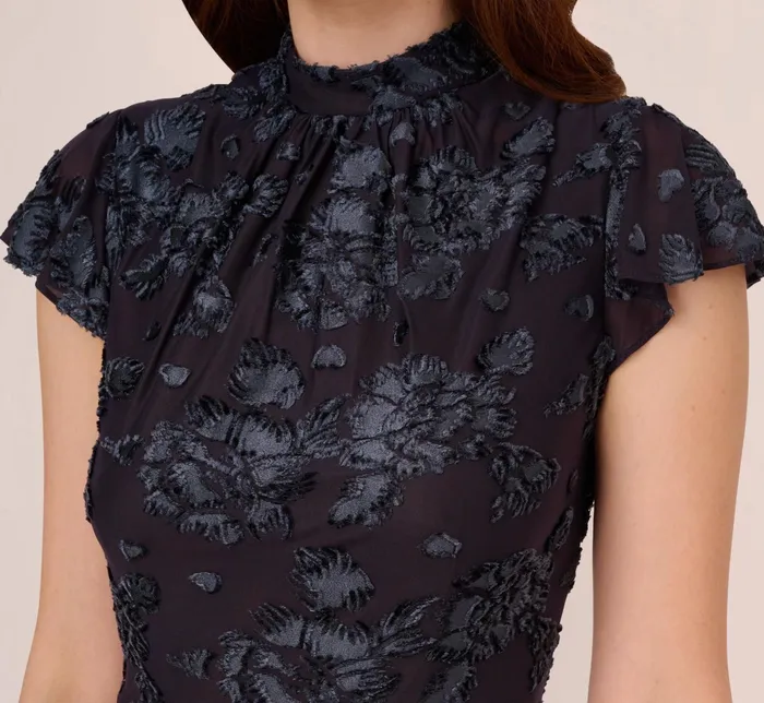 Adrianna Papell Velvet Burnout Floral Short Sleeve Dress With Mock Neck In Midnight Midnight Women Floral Dresses Adrianna Papell Velvet Burnout Floral Short Sleeve Dress With Mock Neck In Midnight Midnight Women Floral Dresses
