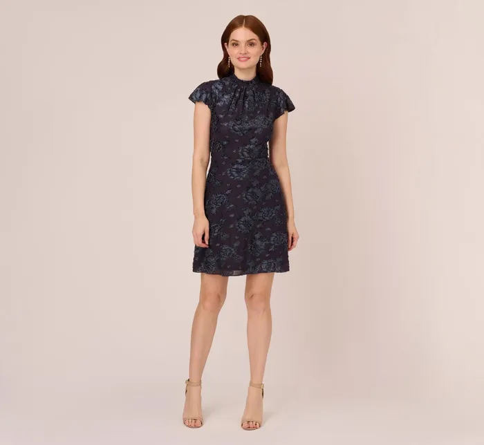 Adrianna Papell Velvet Burnout Floral Short Sleeve Dress With Mock Neck In Midnight Midnight Women Floral Dresses Adrianna Papell Velvet Burnout Floral Short Sleeve Dress With Mock Neck In Midnight Midnight Women Floral Dresses