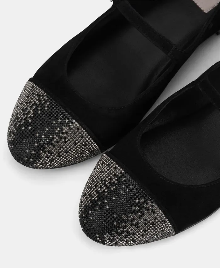 AGL Ballet Flat With Rhinestone Toe Cap Black Milly Strass Women Flats