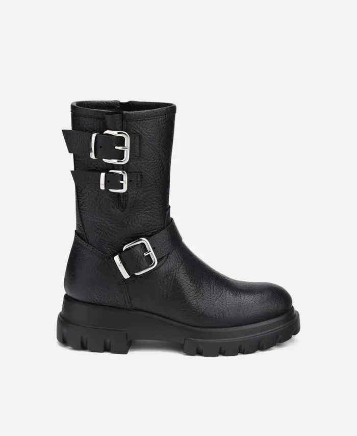 AGL Leather Combat Boot Black CHUNKY BIKER Women Booties