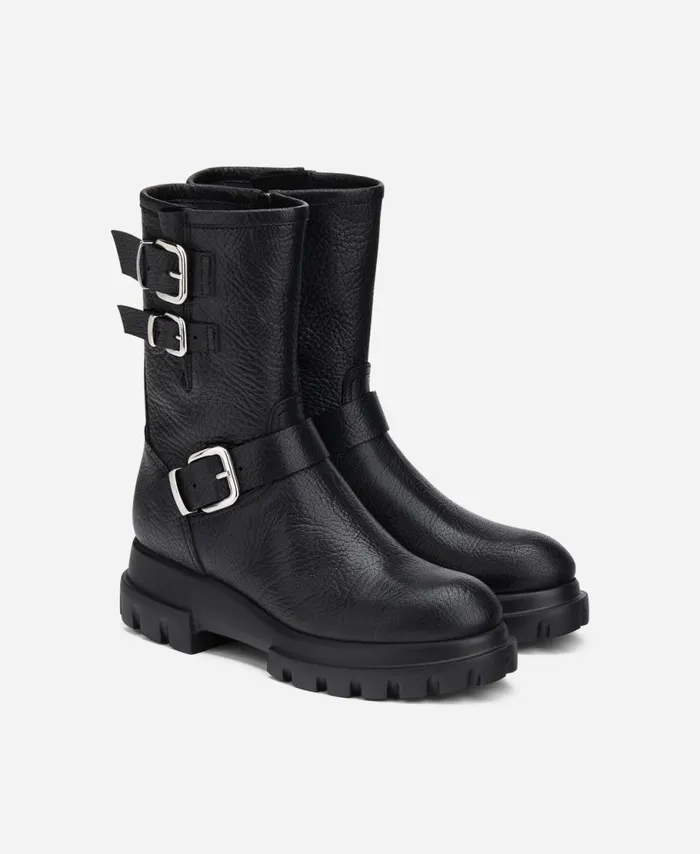 AGL Leather Combat Boot Black CHUNKY BIKER Women Booties