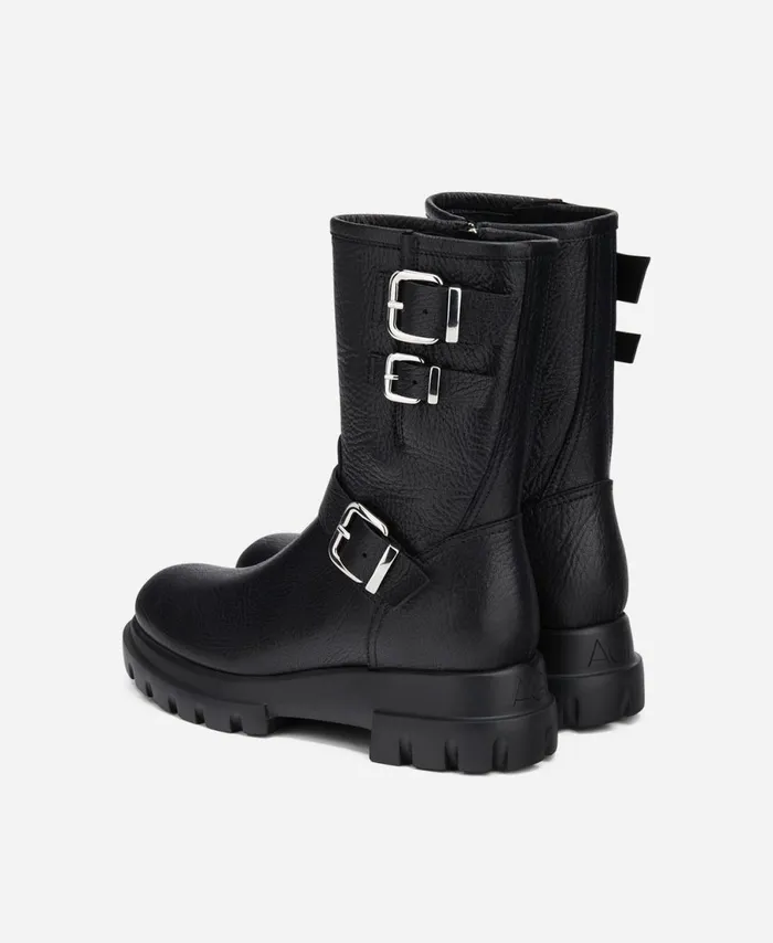 AGL Leather Combat Boot Black CHUNKY BIKER Women Booties
