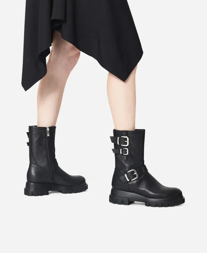 AGL Leather Combat Boot Black CHUNKY BIKER Women Booties