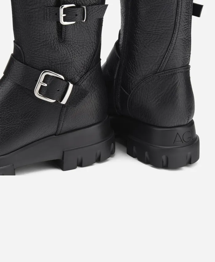 AGL Leather Combat Boot Black CHUNKY BIKER Women Booties